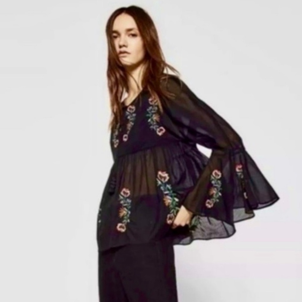 ZARA Trafaluc Sheer Black Floral Embroidered Whimsygoth Top Bell Sleeve Size XS - Picture 2 of 7